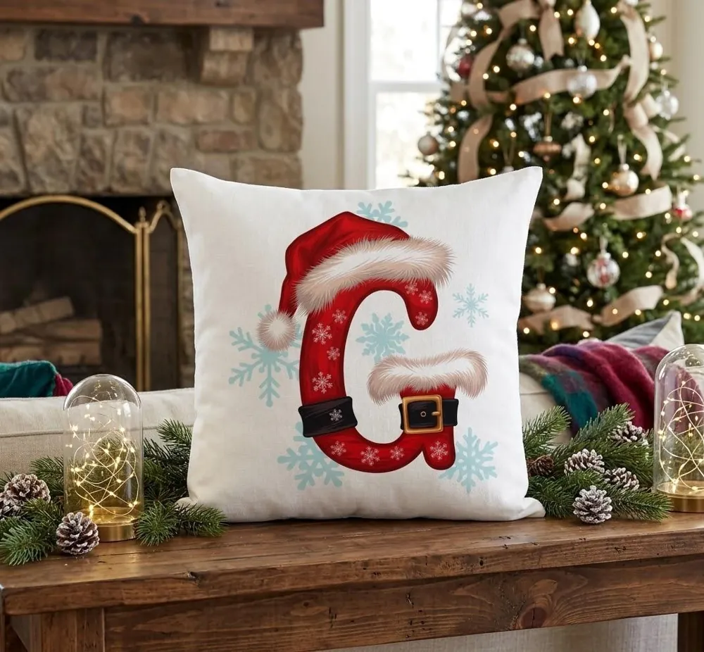 Cuscino bianco con la lettera G vestita da Babbo Natale e fiocchi di neve azzurri