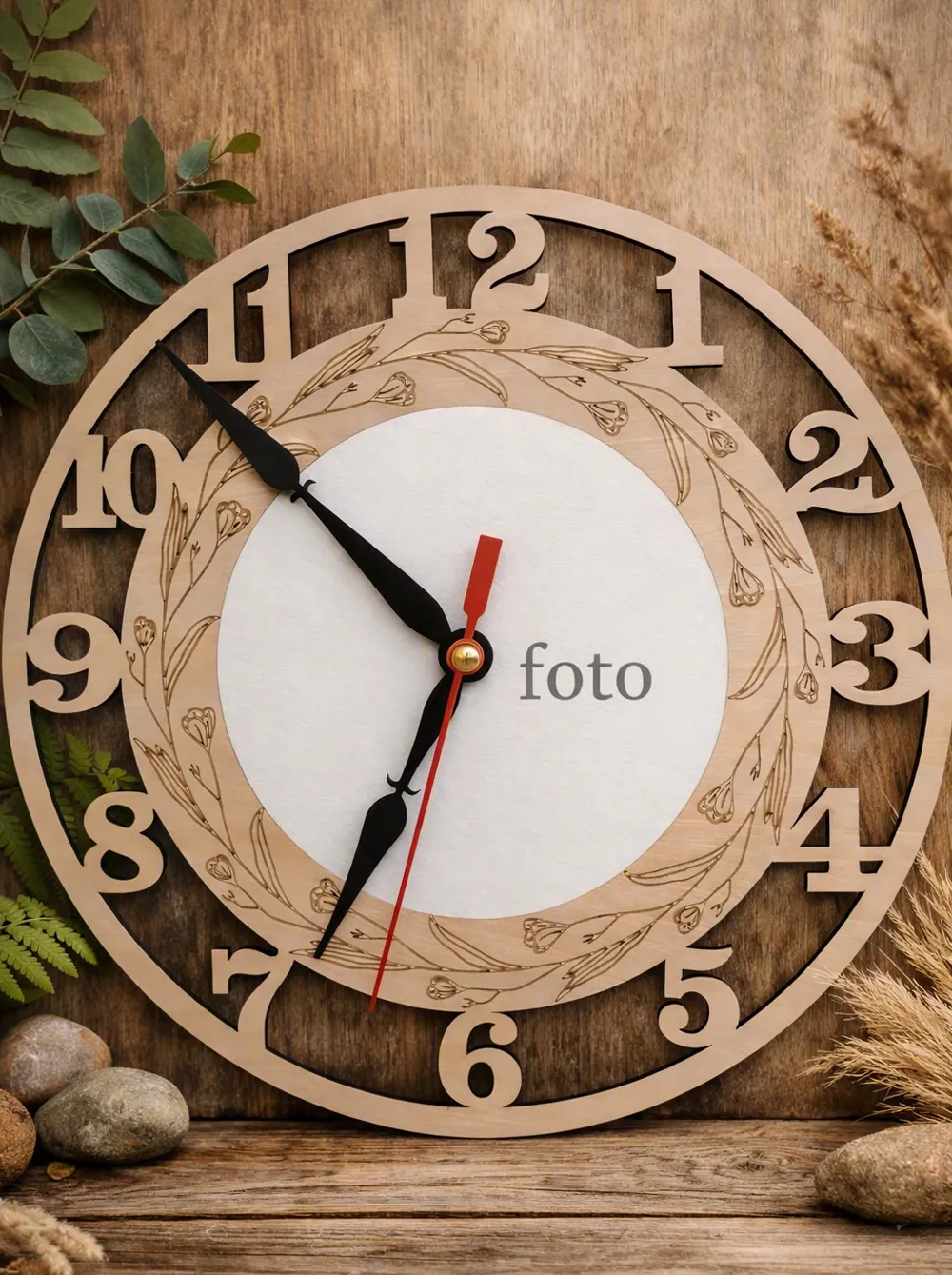 Orologio da parete in legno a strati coi numeri da 1 a 12 e il posto della foto al centro