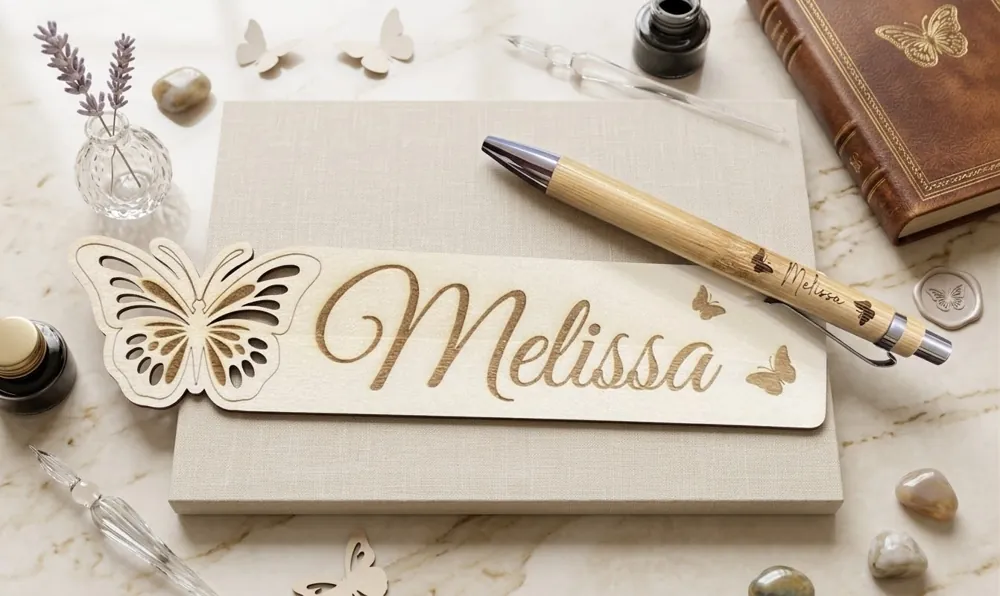Segnalibro in legno con una farfalla traforata e il nome Melissa
